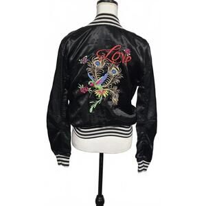 Black Satin Bomber Jacket with Striped Cuffs and Collar